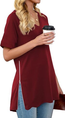 PrinStory Women's Summer Casual Tops V-Neck Soft Raglan Short Sleeves Tops Basic T-Shirt Split Blouse with Side Zipper in Saudi Arabia