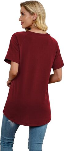 PrinStory Women's Summer Casual Tops V-Neck Soft Raglan Short Sleeves Tops Basic T-Shirt Split Blouse with Side Zipper in Saudi Arabia