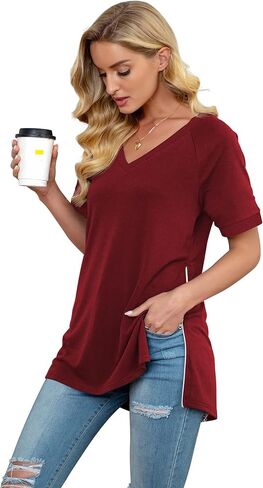 PrinStory Women's Summer Casual Tops V-Neck Soft Raglan Short Sleeves Tops Basic T-Shirt Split Blouse with Side Zipper in Saudi Arabia
