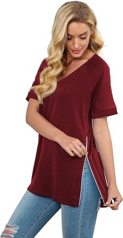 PrinStory Women's Summer Casual Tops V-Neck Soft Raglan Short Sleeves Tops Basic T-Shirt Split Blouse with Side Zipper in Saudi Arabia