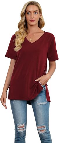 PrinStory Women's Summer Casual Tops V-Neck Soft Raglan Short Sleeves Tops Basic T-Shirt Split Blouse with Side Zipper in Saudi Arabia