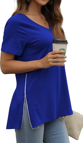 PrinStory Women's Summer Casual Tops V-Neck Soft Raglan Short Sleeves Tops Basic T-Shirt Split Blouse with Side Zipper in Saudi Arabia