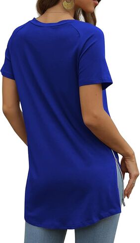 PrinStory Women's Summer Casual Tops V-Neck Soft Raglan Short Sleeves Tops Basic T-Shirt Split Blouse with Side Zipper in Saudi Arabia