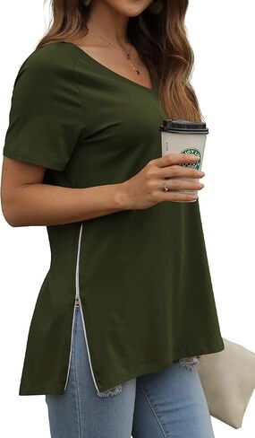 PrinStory Women's Summer Casual Tops V-Neck Soft Raglan Short Sleeves Tops Basic T-Shirt Split Blouse with Side Zipper in Saudi Arabia