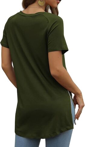 PrinStory Women's Summer Casual Tops V-Neck Soft Raglan Short Sleeves Tops Basic T-Shirt Split Blouse with Side Zipper in Saudi Arabia