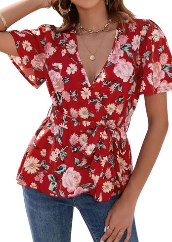 بلوزة نسائية من OUGES كاجوال أنيقة 2023 بأكمام قصيرة ورقبة على شكل حرف V وربطة عنق وخصر بيبلوم in Kuwait