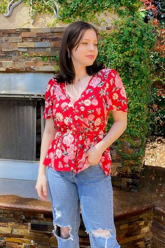 بلوزة نسائية من OUGES كاجوال أنيقة 2023 بأكمام قصيرة ورقبة على شكل حرف V وربطة عنق وخصر بيبلوم in Kuwait