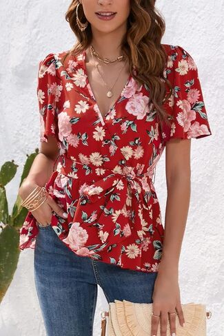 بلوزة نسائية من OUGES كاجوال أنيقة 2023 بأكمام قصيرة ورقبة على شكل حرف V وربطة عنق وخصر بيبلوم in Kuwait