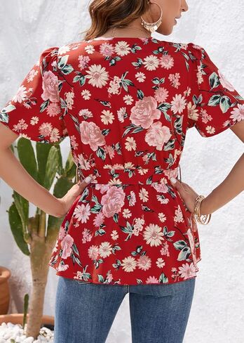 بلوزة نسائية من OUGES كاجوال أنيقة 2023 بأكمام قصيرة ورقبة على شكل حرف V وربطة عنق وخصر بيبلوم in Kuwait