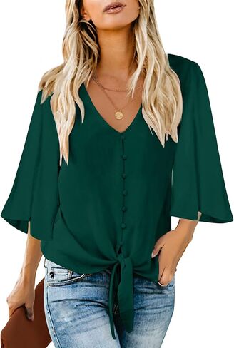 Utyful بلوزة للنساء الصيف عادية الخامس الرقبة 3/4 التعادل عقدة جرس كم بلوزة زر أسفل القمصان للنساء in Kuwait