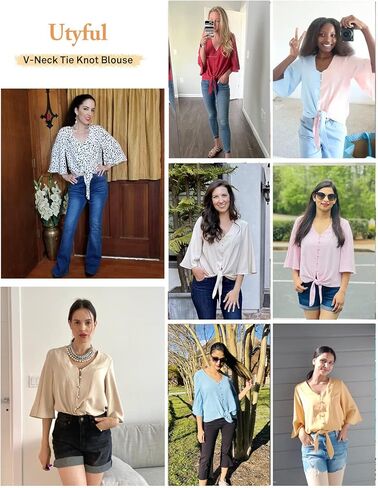 Utyful بلوزة للنساء الصيف عادية الخامس الرقبة 3/4 التعادل عقدة جرس كم بلوزة زر أسفل القمصان للنساء in Kuwait