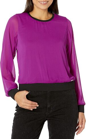 DKNY Women's Contrast Easy Sheer Sleeve Sportswear Top in Kuwait