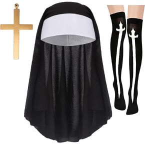 Nun Costume Accessories, Nun Hat Nun Habit Headpiece Stockings Cross Pendant Necklace, Sexy Nun Accessory Kit for Women, Halloween Party Cosplay
