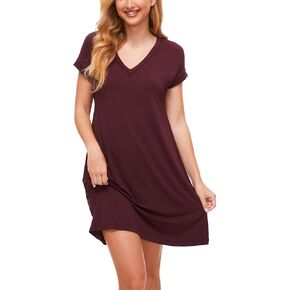 GYS Women's Bamboo Viscose Nightgowns Short Sleeve Sleep Shirt Soft Lace V Neck Sleep Dress Sleepwear