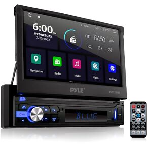 Car Stereo Video Receiver - Multimedia Player, BT Wireless Streaming, Hands-Free Talking, Motorized Fold-Out 7’’ Touchscreen Display, MP4/MP3/USB/SD/AM/FM Radio, Single DIN - PLTS73UB