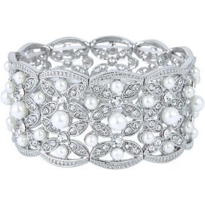 EVER FAITH Women's Jewerly Clear Rhinestone Crystal Simulated Pearl Art Deco Leaf Elastic Stretch Bracelet
