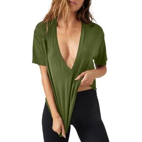 Tankaneo Womens Sexy Deep V Neck T Shirts Summer Short Sleeve Tops Casual Loose Fit Tees