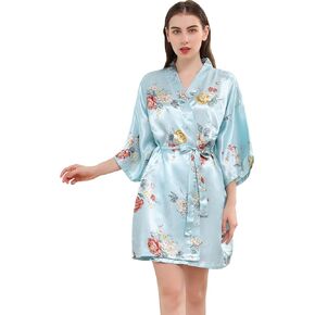 Women Floral Satin Robe Silky Bridal Bridesmaid Robe Short Kimono Dressing Gown for Wedding Party Sleepwear
