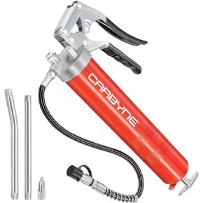 Carbyne Grease Gun - Pistol Grip, 7500 PSI, Heavy Duty Professional Quality, Steel Barrel. 18 inch HD Flex Hose w/Spring, 6 inch Straight & 6 inch Angled Tube, Coupler & Needle Nozzle, 3-Way Loading