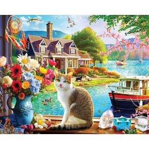 Springbok Crisp Morning 1000 Piece Jigsaw Puzzle for Adults and Families - Features a Cat Enjoying a Lakeside View - Finished Size 30" x 24"