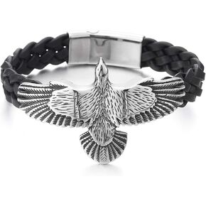 COOLSTEELANDBEYOND Mens Stainless Steel Vintage Flying Eagle Black Braided Leather Wristband Bangle Bracelet, Rock Punk
