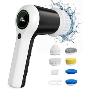 Electric Spin Scrubber, Cordless Shower Scrubber with Battery Level Display, 2 Speeds Electric Scrubber for Cleaning with 6 Replaceable Heads, Electric Cleaning Brush for Bathroom//Sink/Window