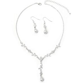 Silver Crystal Rhinestone Small V Flower Branch Shape with Pearl Necklace & Matching Dangle Pearl Hook Earrings Jewelry Set