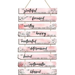 Yookeer Set of 9 Pcs Inspirational Pink Floral Wall Decors Wooden Hanging Positive Word Quotes Signs Blessed Wall Art Decoration for 2024 Nurse CNA Week Gifts Teen Girls Women Bedroom Nursery Room