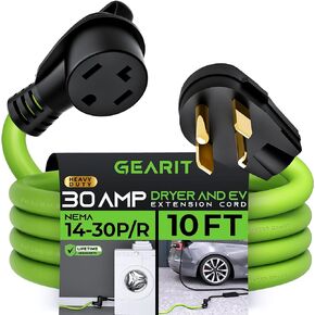 GEARit 30-Amp Extension Cord for Dryer and EV, 125/250-Volt 4-Prong, Compatible with Tesla Model 3 Model Y Model X Model S, NEMA 14-30P to 14-30R, Level 2 EV Charging Cable STW 10AWG/4, 10 Ft, Green