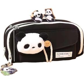 Open Wide 4 Compartment Pencil Case Pen Pouch Canvas Capybara with Pen Slots Grids Bonus Pin Brown/Black (Black Panda)