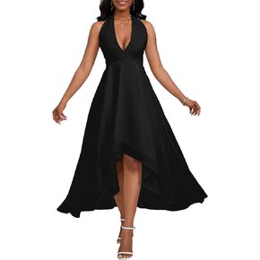 VERWIN V Neck Dress Sleeveless Halter Neck Maxi Dress Ruffle Hem Split Casual Backless Party Cocktail Dress