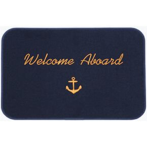 Welcome Aboard Boat Mat Navy with Gold Script and Anchor