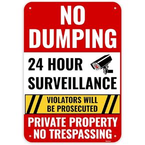 1PC No Dumping Sign Private Property Sign, 13 x 9 Inches - Aluminum - No Illegal Dumping Allowed 24 Hour Video Surveillance No Trespassing Metal