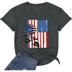American Flag Graphic Tees for Women 4th of July Patriotic Shirts Cute Sunflower Short Sleeve Tops