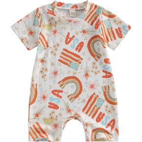 Omkzanbi 4th of July Unisex Baby Clothes Highland Cow Print Romper USA Flag Jumpsuit Shorts Western Independence Day Bodysuit