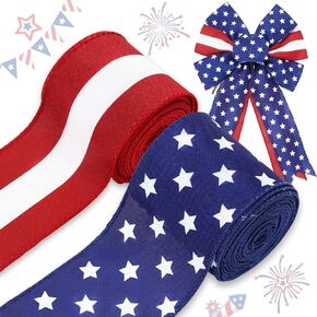 AnyDesign Patriotic Wired Edge Ribbon Star Stripes Craft Ribbon 4th of July Fabric Ribbon for Independence Day Wreath Bow Making DIY Wrapping Party Decor Supplies, 2 Rolls, 20 Yard