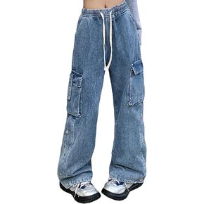 Baggy Jeans for Women High Waist Y2K Boyfriend Casual Loose Wide Leg Drawstring Cargo Pants with Pockets