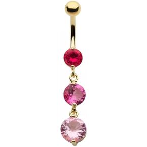 Pierced Owl 14GA Gold Plated 316L Stainless Steel Triple Round CZ Crystal Dangling Belly Button Ring