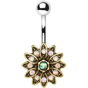 Pierced Owl 14GA 316L Stainless Steel Golden Aurora Borealis Crystal Flower with Synthetic Opal Center Belly Button Ring