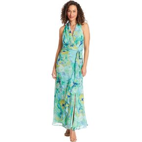 London Times V-Neck Waist Tie Ruffle Cascade Wedding Guest Dresses for Women