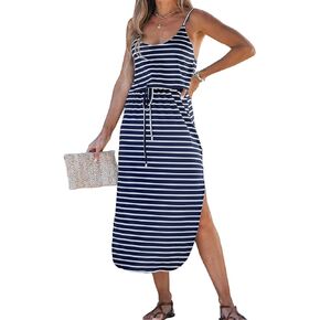 CUPSHE Women's Midi Dress Scoop Neck Ruffled Sleeveless Slit Drawstring Spaghetti Straps A Line Casual Dress