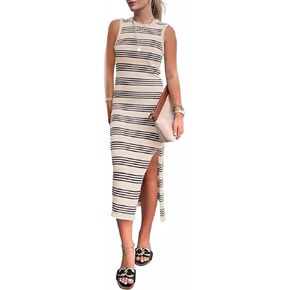 Women's Summer Bodycon Sundresses Slim-fit Dress Casual Midi Sleeveless Cut-Out Knit Side Slit Striped Long Vest Dress
