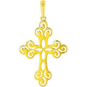 Solid 14k Yellow Gold Open Filigree Design Orthodox Cross Pendant (Medium) in Kuwait