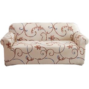 Qubjus Stretch Sofa Cover Printed Couch Cover Patterned with One Separate Cushion Cover Oversized for 4 Cushion Couches Sofas Washable Elastic Universal Furniture Protector(X-Large,Beige Flower) in Kuwait