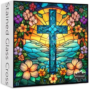 Cross Stained Glass Puzzles for Adults 1000 Pieces and up, PICKFORU Christian Puzzles with Colorful Flower, Religious Puzzle as Unique Gifts