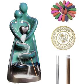 Ceramic Backflow Incense Burner Holder,Waterfall Hugging Lovers Incense Holder with 30 Incense Sticks 20 Incense Cones,1 MATA nd 1Tweezers for Aromatherapy Ornament Home Decor Gift