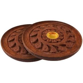 2pc Set - 4" Round Carved Wood Stick and Cone Incense Burners