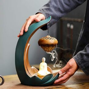Zen Life Ceramic Backflow Incense Burner with Lighting and 50 pcs Incense Cone -Buddha Meditating On The Lotus