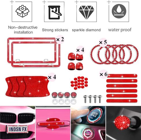 مجموعة قطع غيار السيارات YIXIN المكونة من 21 قطعة من حجر الراين اللامع تتضمن حامل لوحة الترخيص، وملصق مقبض الباب، وإطار غطاء جذع الصمام ذو الشعار الدائري لإكسسوارات السيارة للنساء، أبيض - 21 قطعة in Kuwait