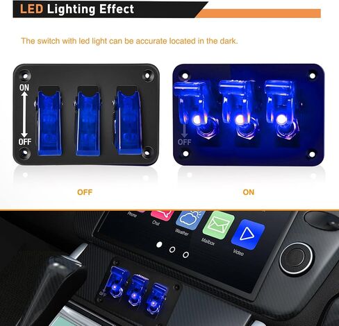 GOOACC 3 Gang Toggle Switch 12V Rocker Switch Panel with LED Light and Flip Cover Heavy-Duty ON Off Switch Plate 3 Pin SPST Rocker Switch，2 Years Warranty in Saudi Arabia